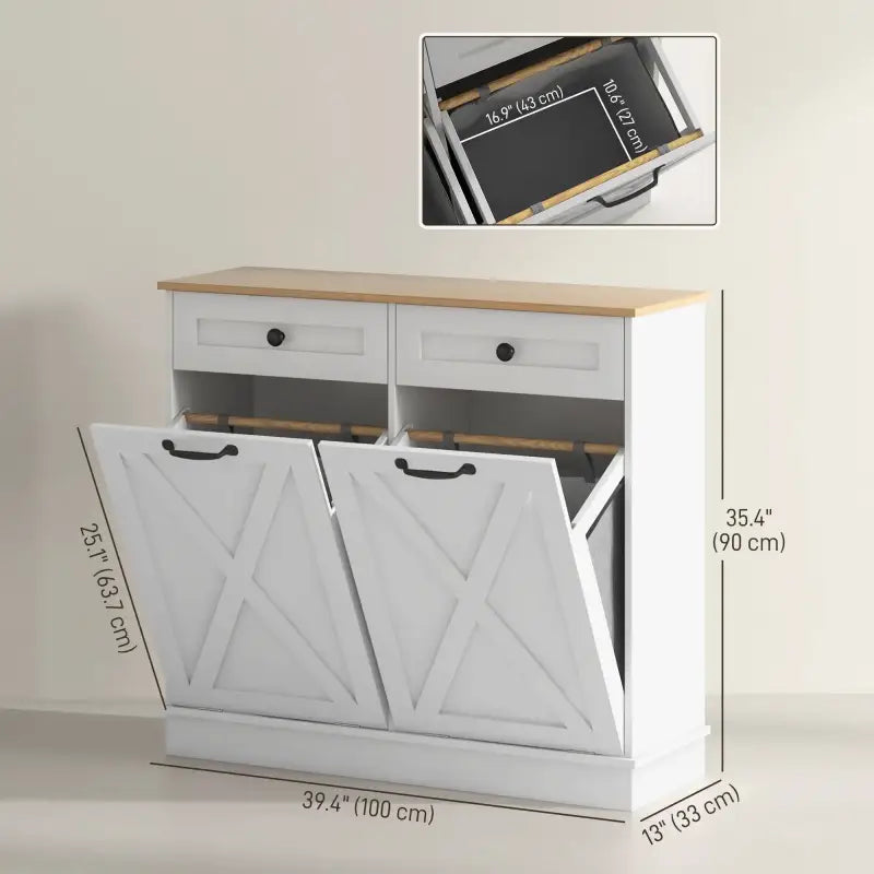 White wooden laundry cabinet with dimensions.