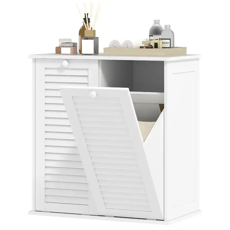 White louvered laundry hamper cabinet.