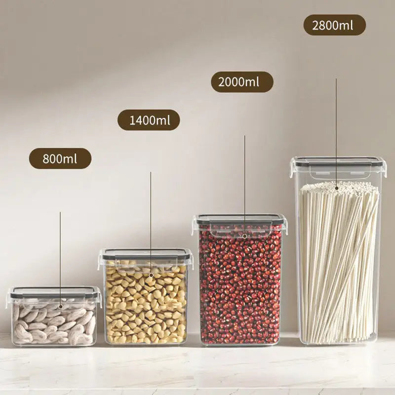 Four clear rectangular transparent plastic containers in a seven piece set for food storage