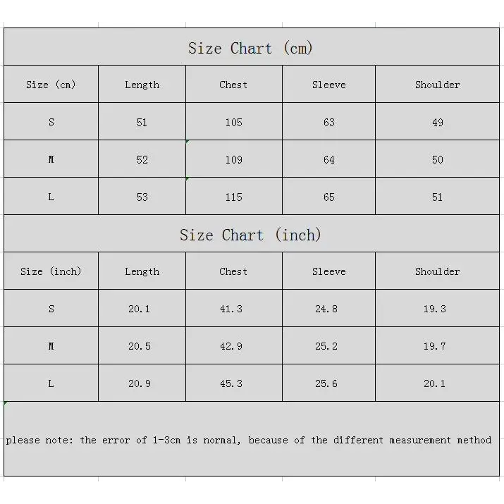 Clothing size chart.