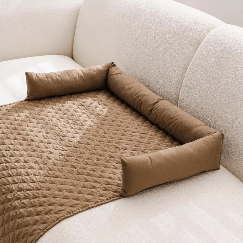 Brown quilted waterproof pet mat with bolster for dogs and cats, waterproof pet mat