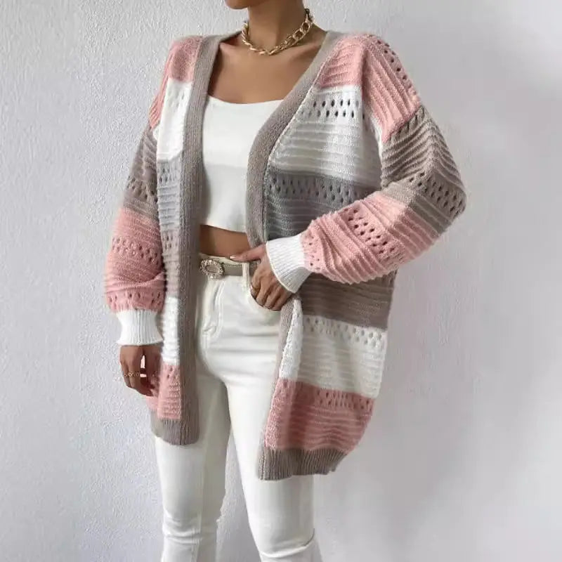 Striped knit cardigan.
