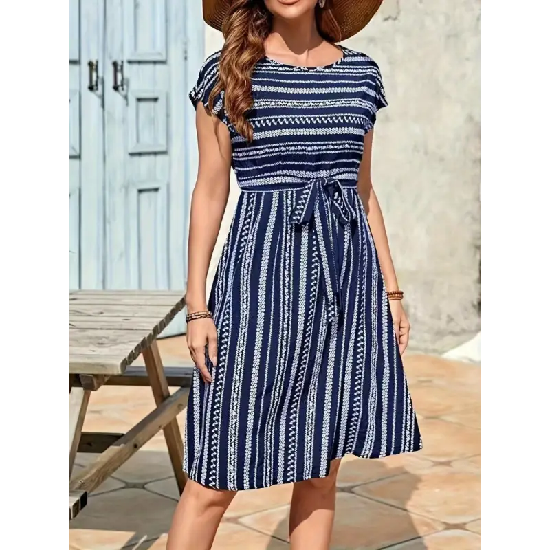 Striped navy and white dress.