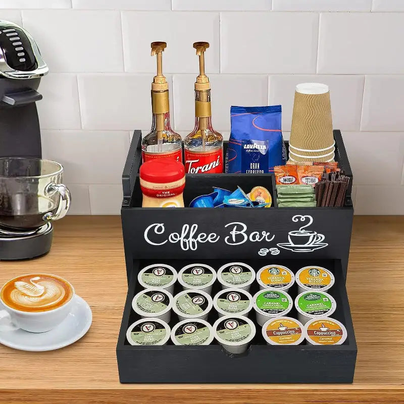 Black coffee bar organizer in Wooden Coffee Station Storage Box for coffee station storage