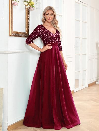 wine red Sequin Mesh Hem A Line  Luxury V-Neck Evening Dress Elegant Women Party Dres