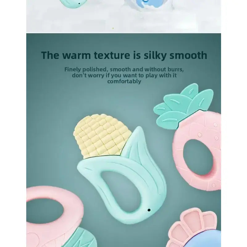 Teething toys with text describing their texture on a teal background