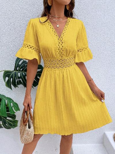 yellow Hollow Out Swing Dress