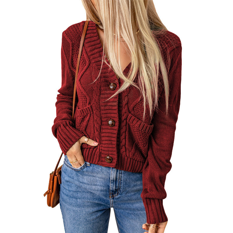 Solid Color Knitted Pocket Button Cardigan