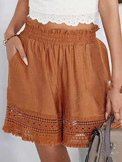 orange Ladies Casual Loose Solid Color Patchwork Elastic Waist Shorts