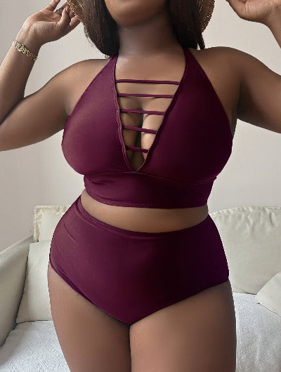 Plus Size Solid Color Hollow Halter Bikini