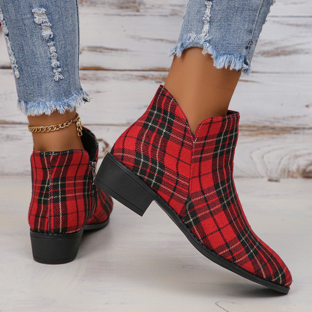 Houndstooth Pointed Casual  Woolen Ankle Boots