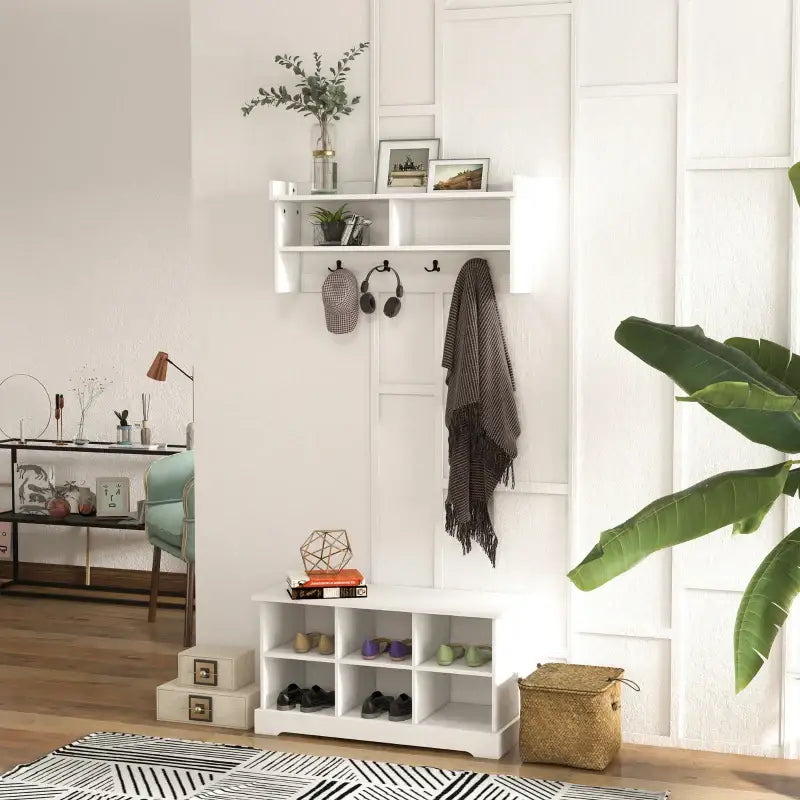 2-in-1 Hall Tree and 5-Hook Coat Rack Shoe Bench Set