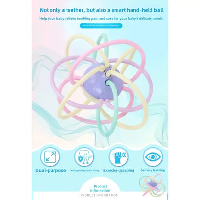 Colorful baby teething ball with text on a light blue background