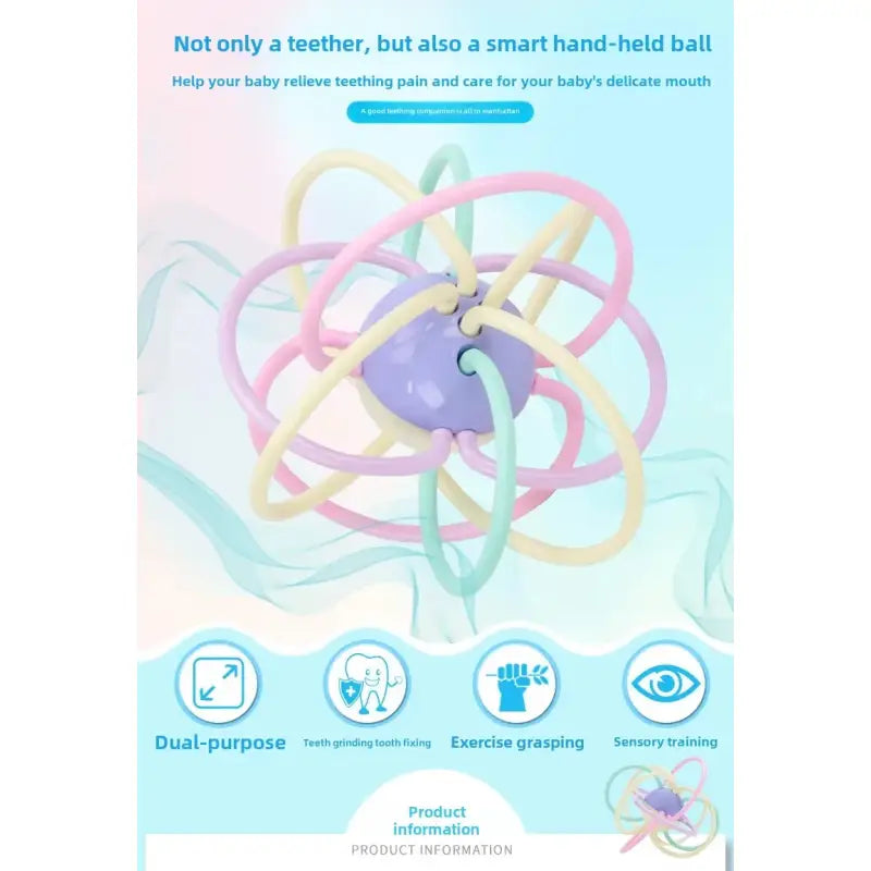Colorful baby teething ball with text on a light blue background