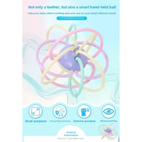 Colorful baby teething ball with text on a light blue background