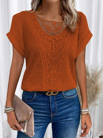 orange Lace Patchwork Short-sleeved T-shirt