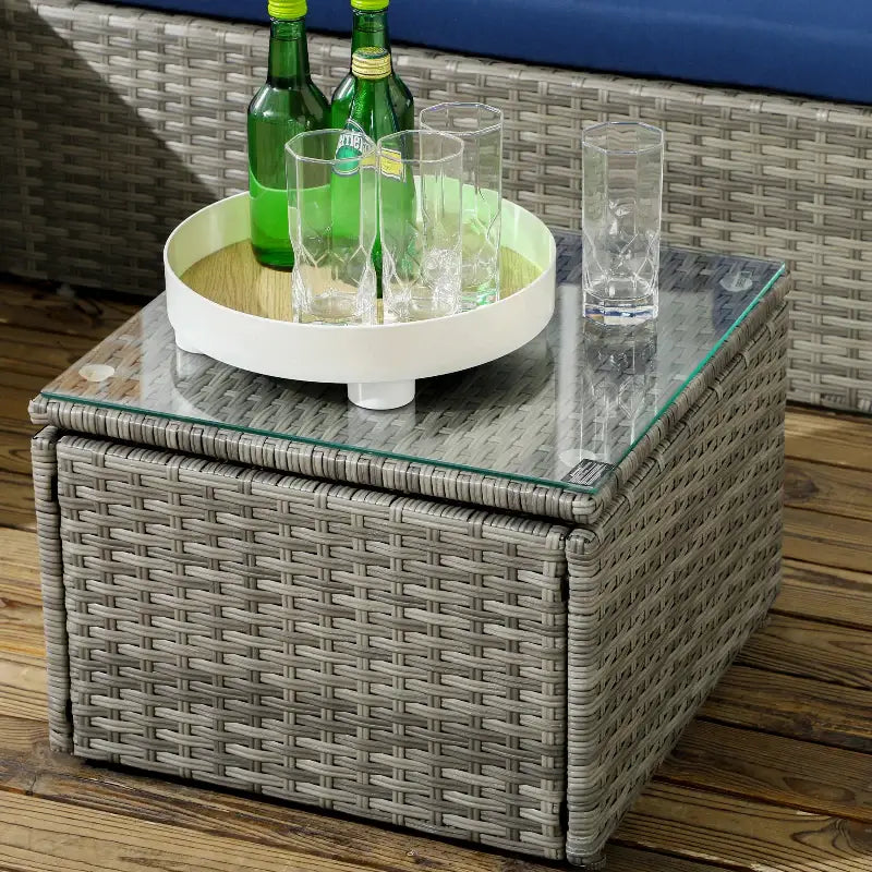 Wicker patio table with glass top in 3 Piece Patio Furniture Set featuring loveseat sofa and chaise lounge
