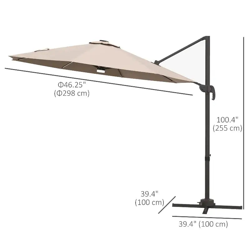 Beige cantilever patio umbrella with dimensions.