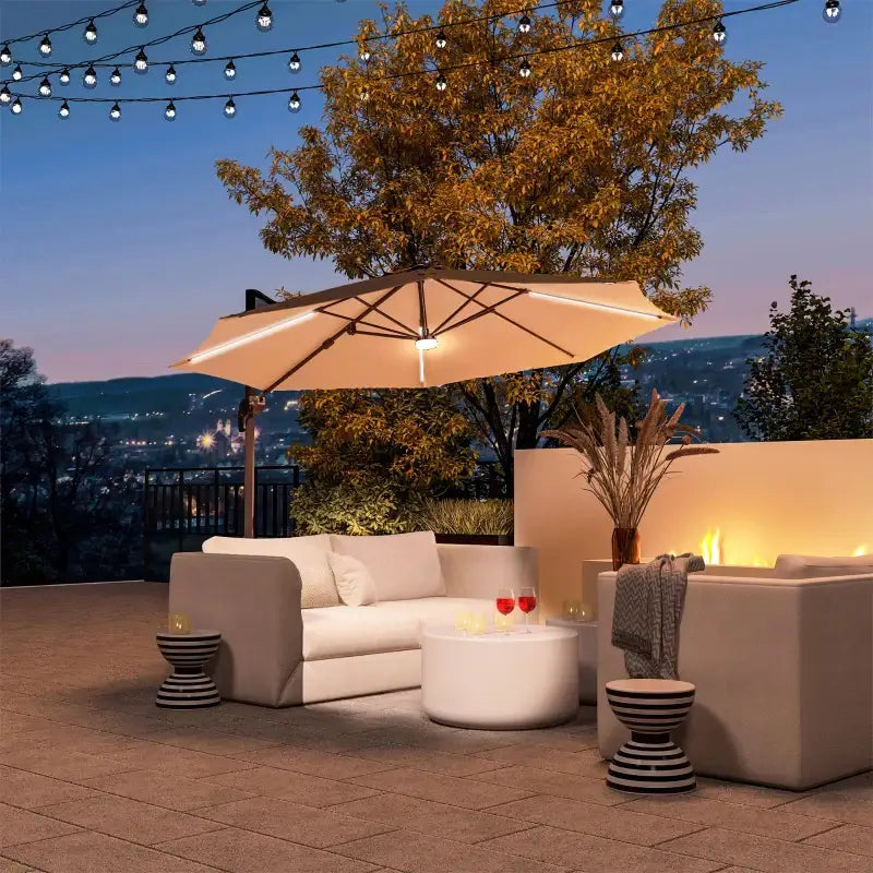 Illuminated patio umbrella.