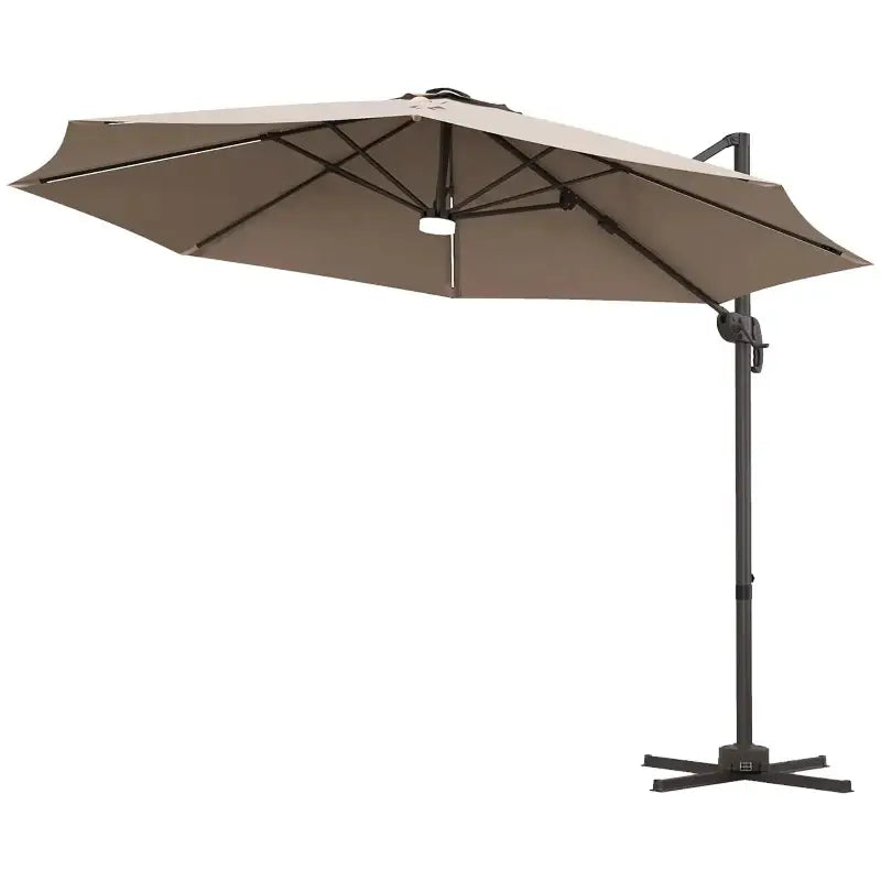Tan cantilever patio umbrella.