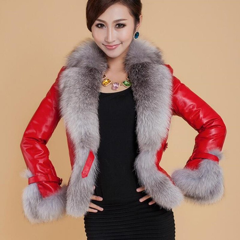 Faux Fox Fur Collar Short PU Leather Coat