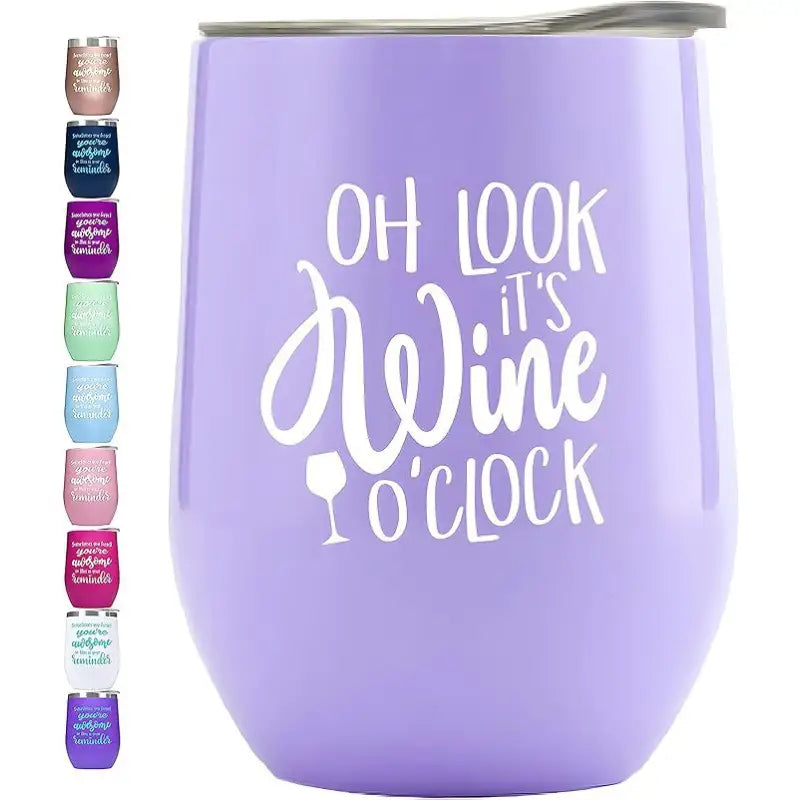 Purple wine tumbler with white lettering.