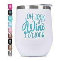 White wine tumbler with teal lettering.