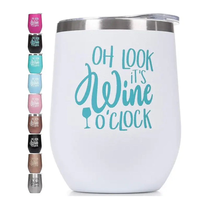 White wine tumbler with teal lettering.