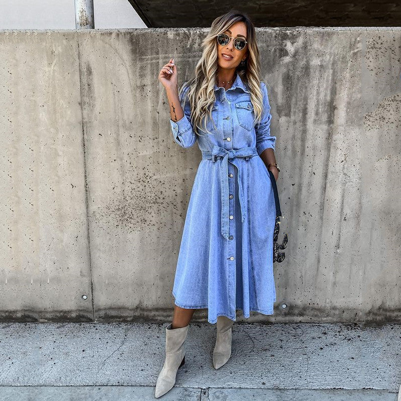  Denim Casual High Waist Pocket Lapel Dress