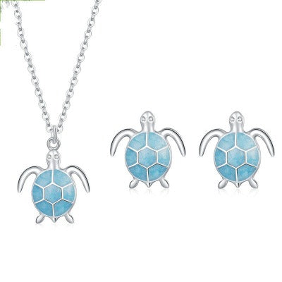 Silvery Blue Turtle 925 Silver Earrings Necklace Set 