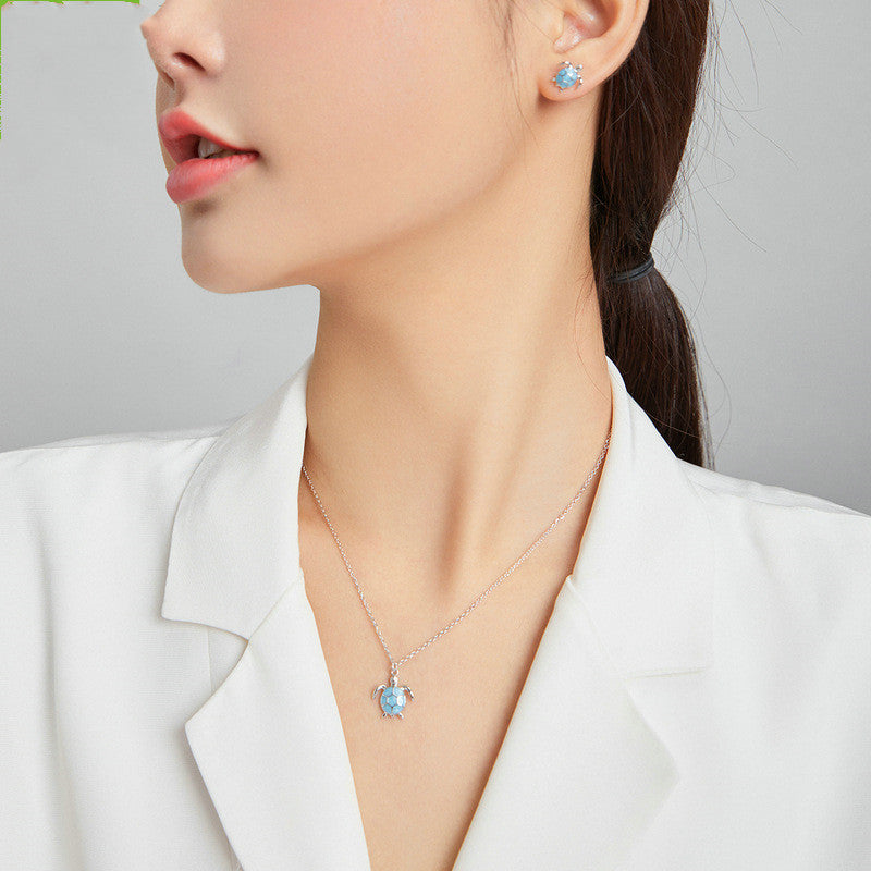 blue  925 Silver Turtle Earrings Necklace Set 