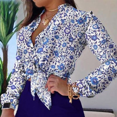 white with blue small flower print blouse