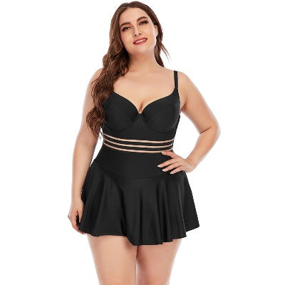 black 2024 Plus Size One-piece Skirt Swimsuit