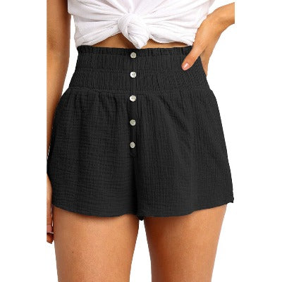 black Solid Color High-rise Straight-leg Shorts