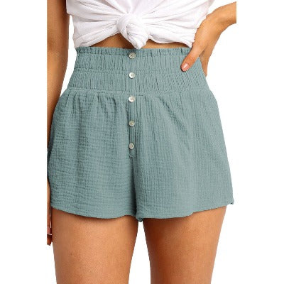 green Solid Color High-rise Straight-leg Shorts