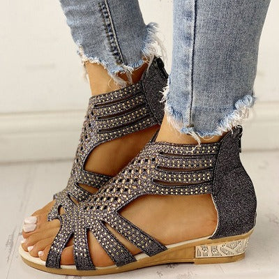 black Flat Cutout Roman Rhinestone Sandals