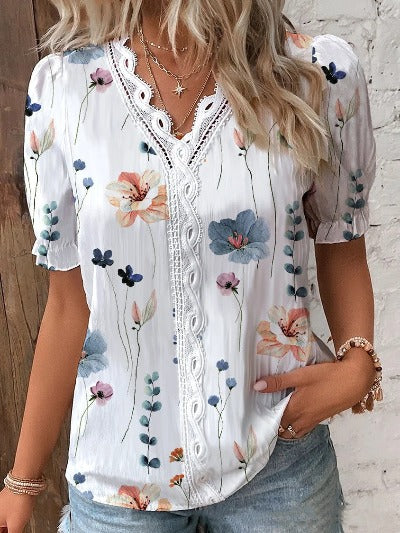 floral V Neck Lace Printing Top