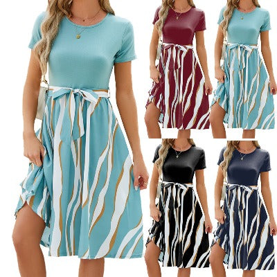 Summer New Printing Short Sleeve Large Swing Dress