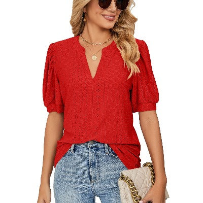 red V-neck Solid Color Hollow Bubble Sleeve Loose T-shirt