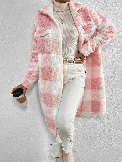 Open Button Lapel Plush Plaid Coat