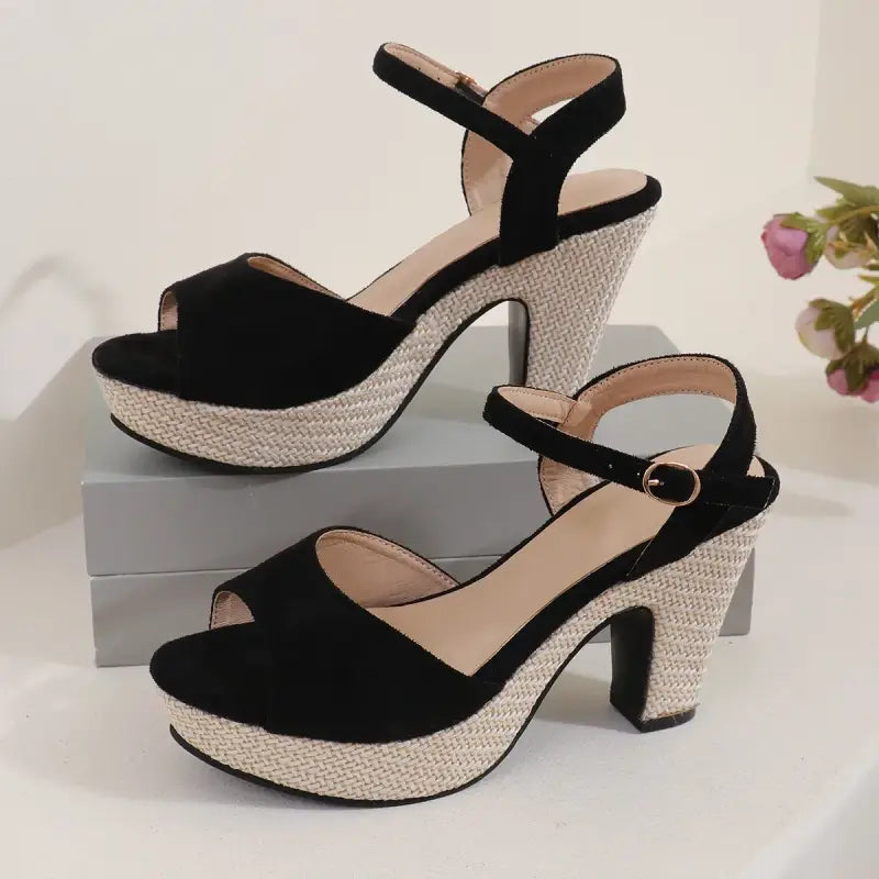 Open-Toe Hollow Buckled High-Heel Shoes