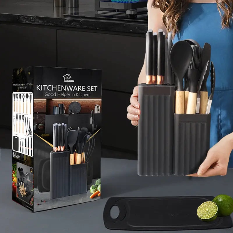 Kitchenware set with knives and utensils.