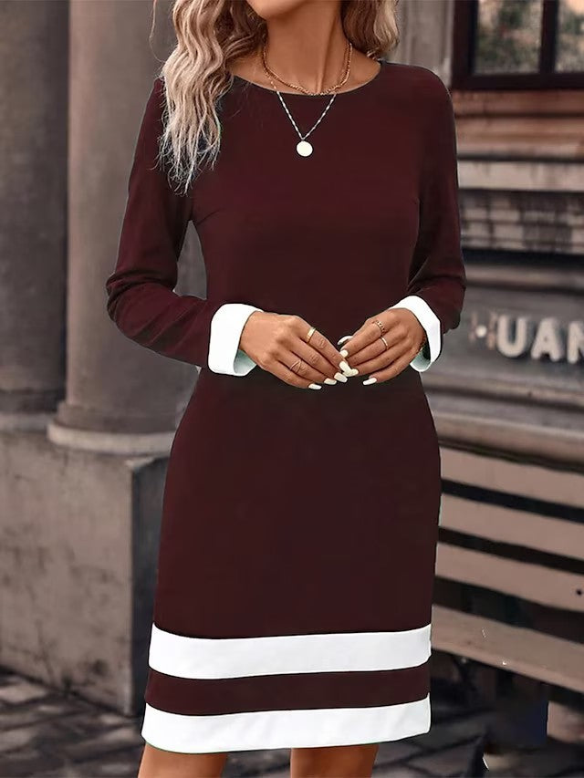 wine red Color-matching Long Sleeve Dress