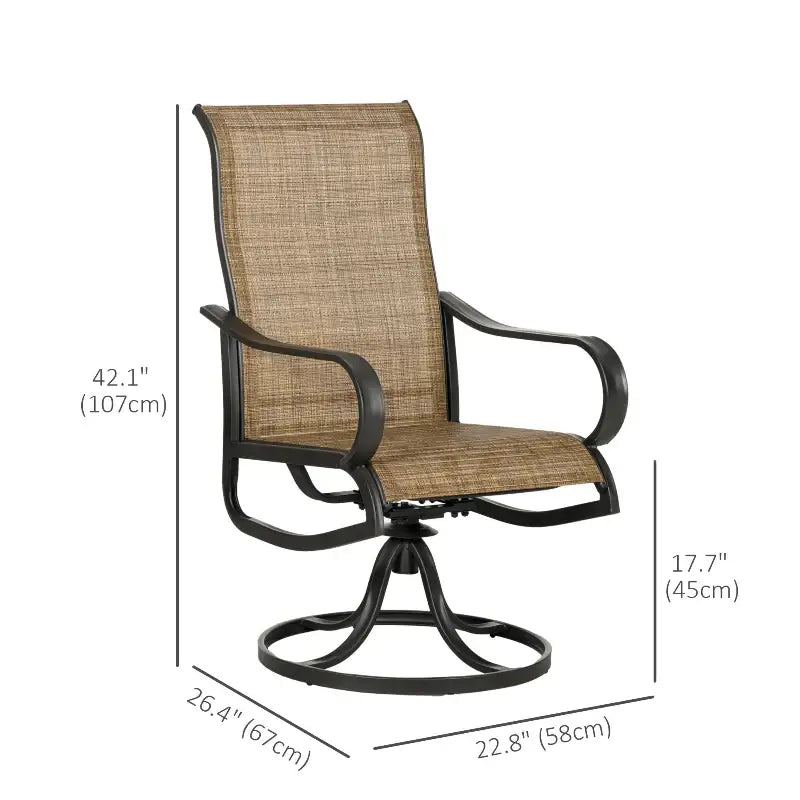Brown swivel patio chair with dimensions.