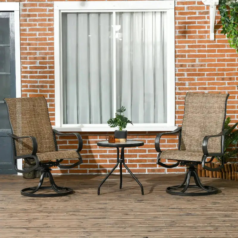 Outdoor swivel chairs and table.