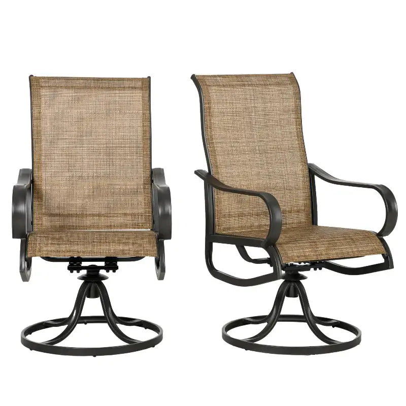 Two brown swivel patio chairs.