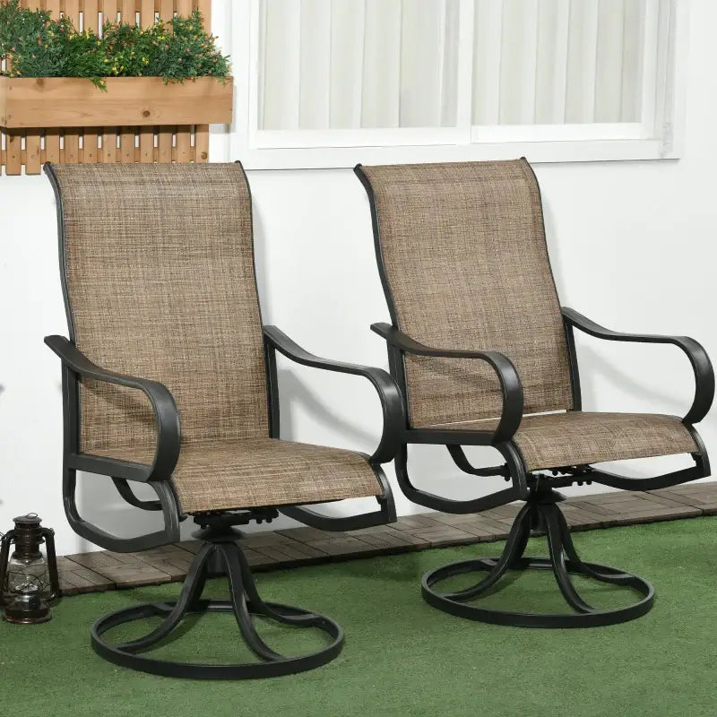 Two brown swivel patio chairs.