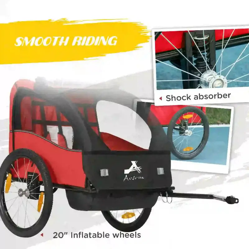 Red and black bicycle trailer.