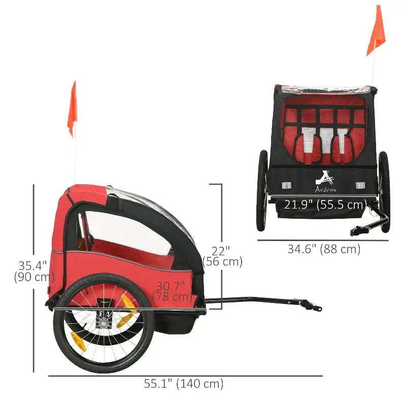 Red and black bicycle trailer with dimensions.