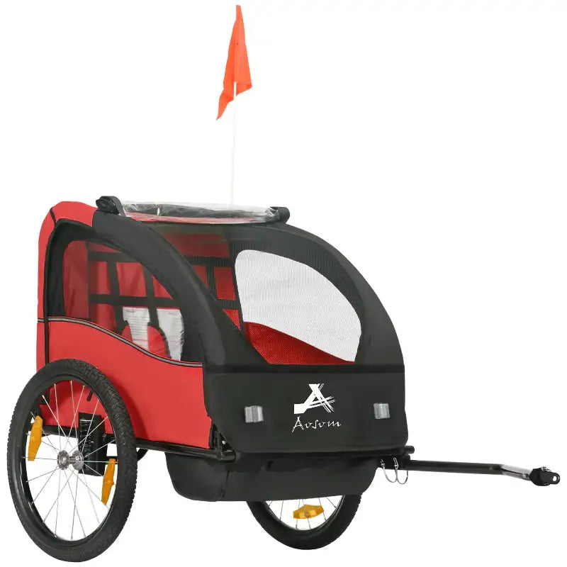 Red and black bicycle trailer.